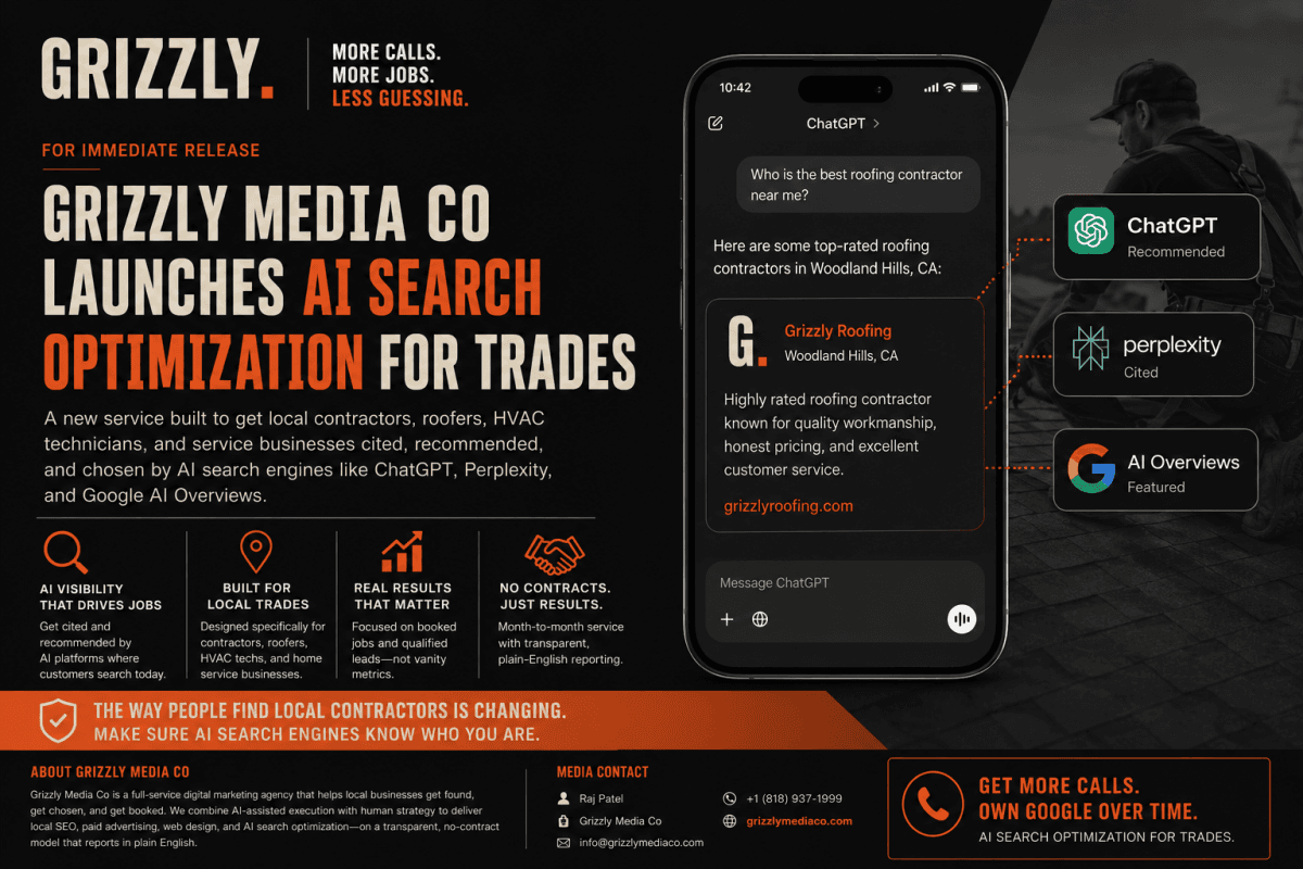Grizzly Media Co Launches AI Search Optimization for Trades to Boost Visibility on ChatGPT and Google AI