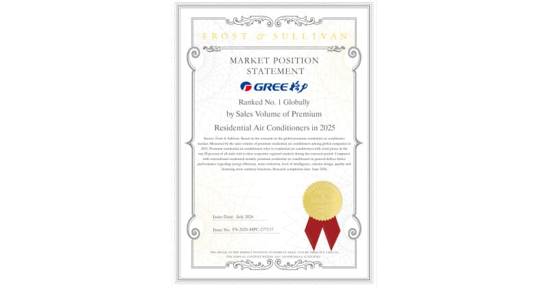 GREE Named Global Leader in Premium Residential Air Conditioners by Frost & Sullivan